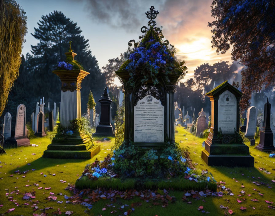 Ornate gravestones in tranquil sunset cemetery