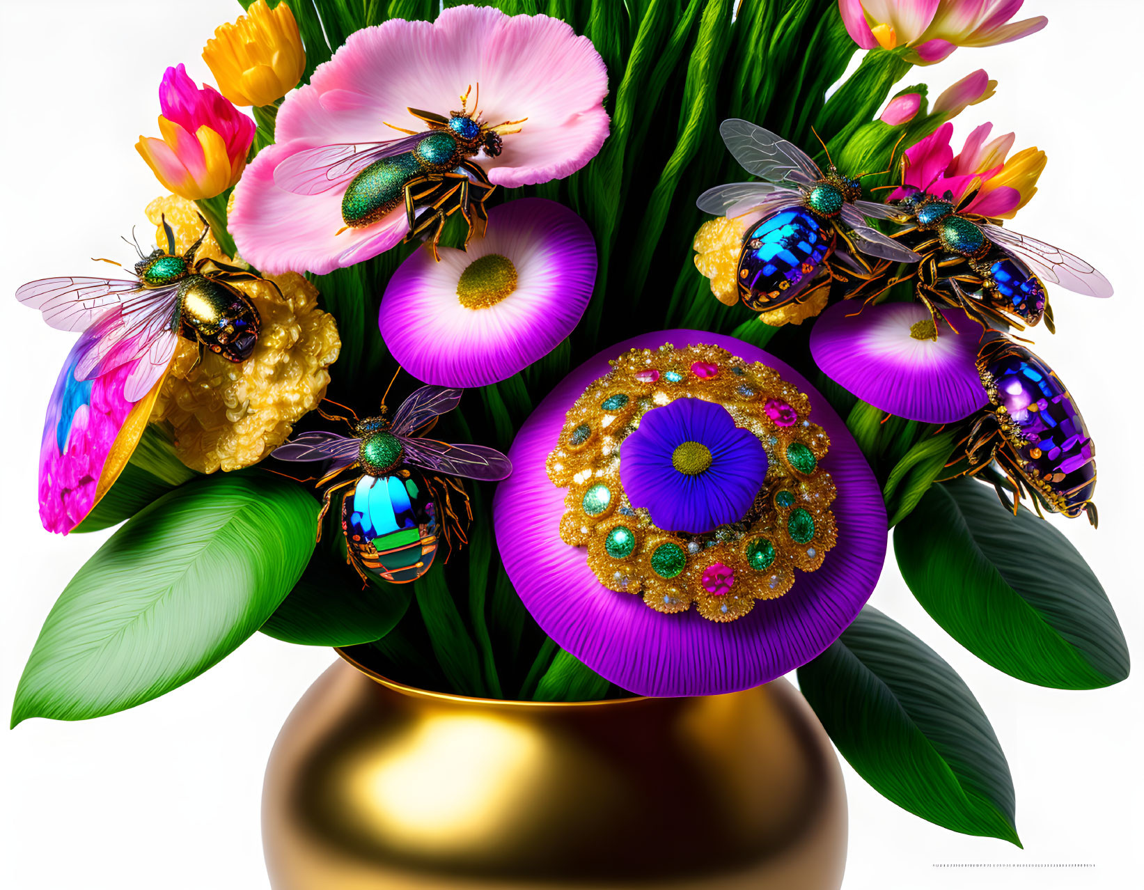 Vibrant beetles on colorful flowers and leaves in golden vase