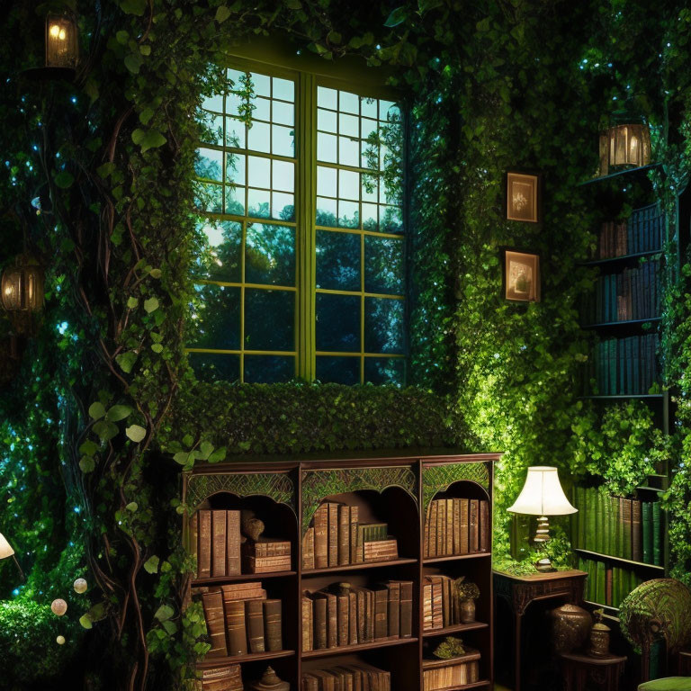 Dimly-lit Ivy-Covered Library with Bookshelves and Lamp