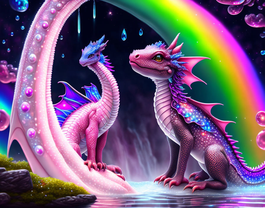 Fantastical dragons under glowing rainbow in magical night sky