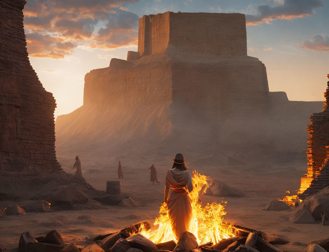 Mysterious figure in cloak by desert fire at sunset