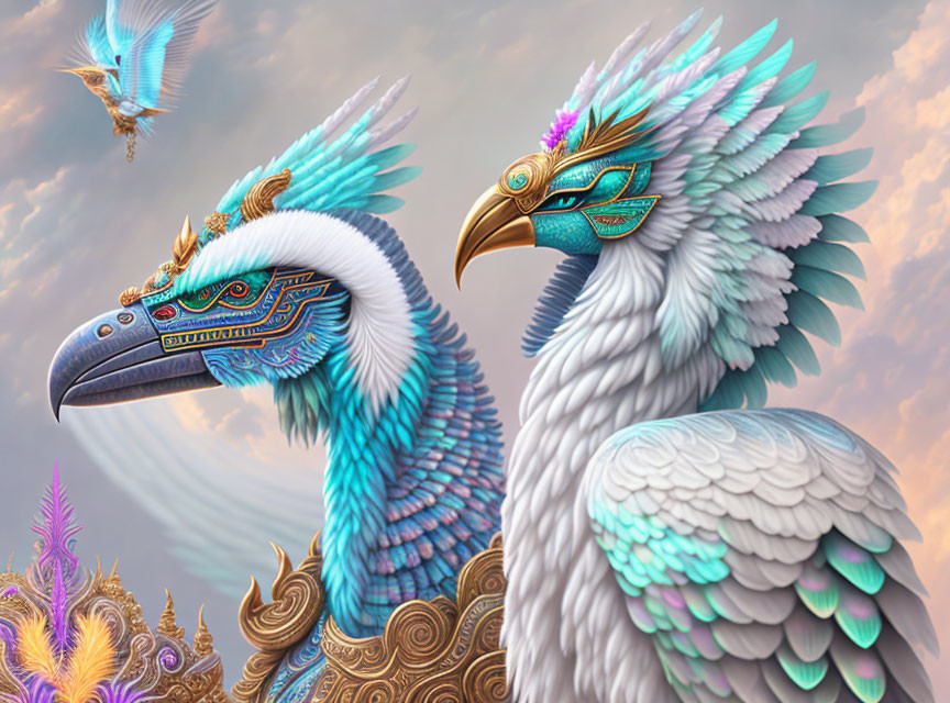 Vibrant blue and gold mythical birds in cloudy sky