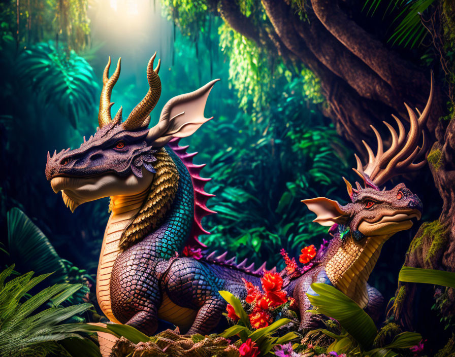 Majestic dragons in lush jungle with sunrays.