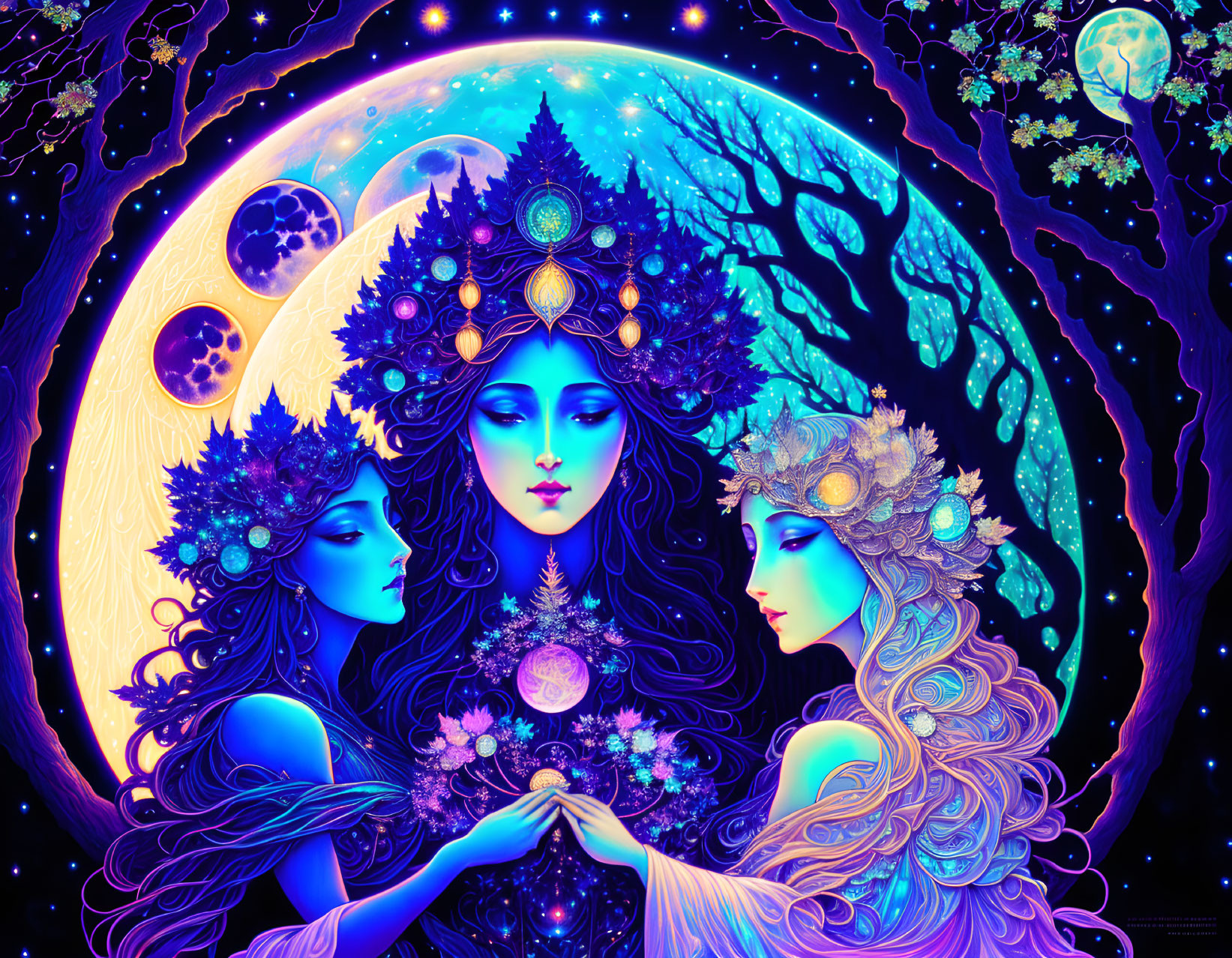 Illustration of three ethereal women under a starry sky with moon phases and ornate headdresses