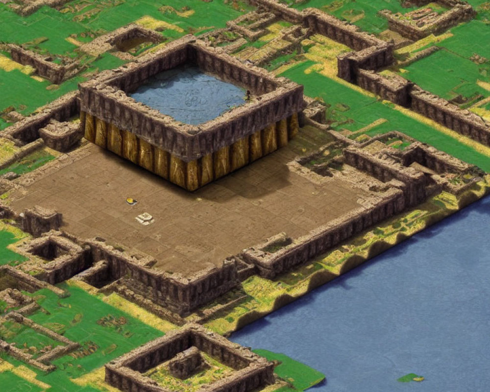 Screenshot of Stone Fortress Surrounded by Water Bodies and Grasslands