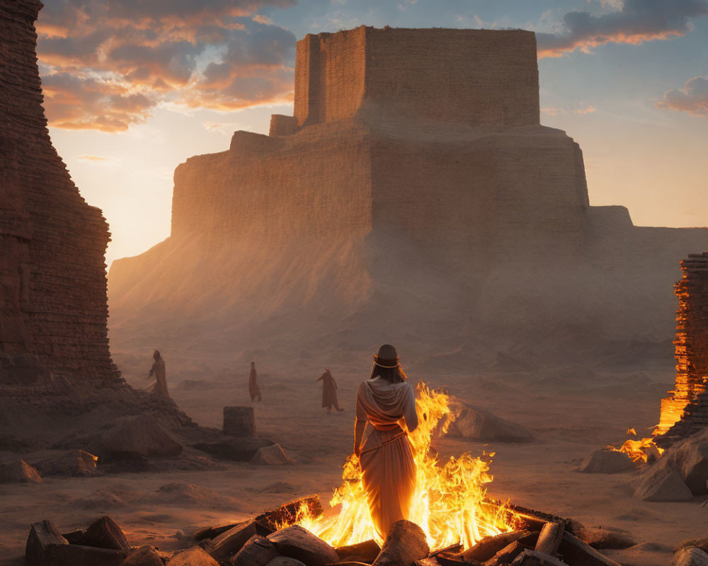 Mysterious figure in cloak by desert fire at sunset