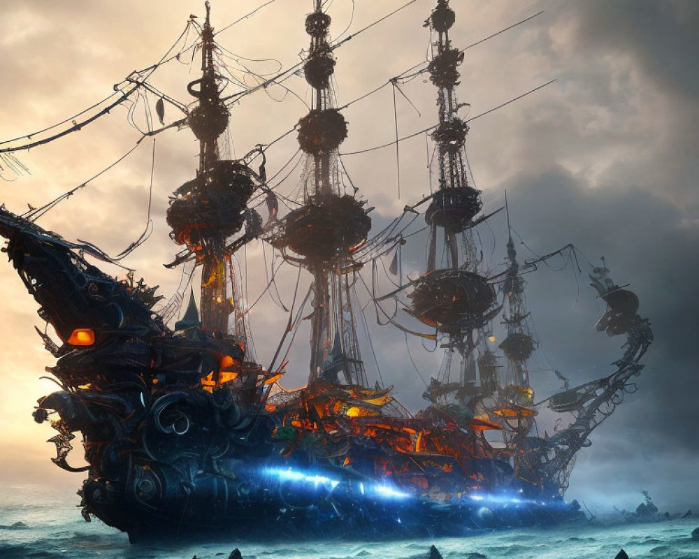 Glowing blue pirate ship on stormy sea with dramatic sky