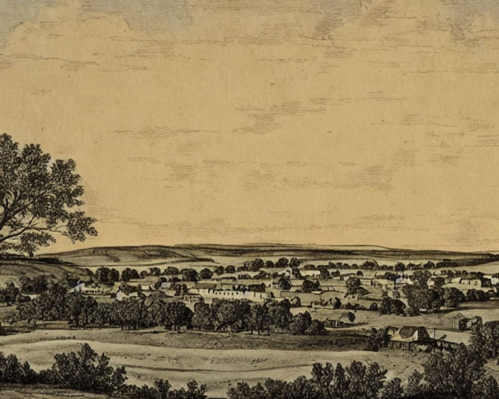 19th-Century Town Panoramic View with Rolling Hills and Open Landscape