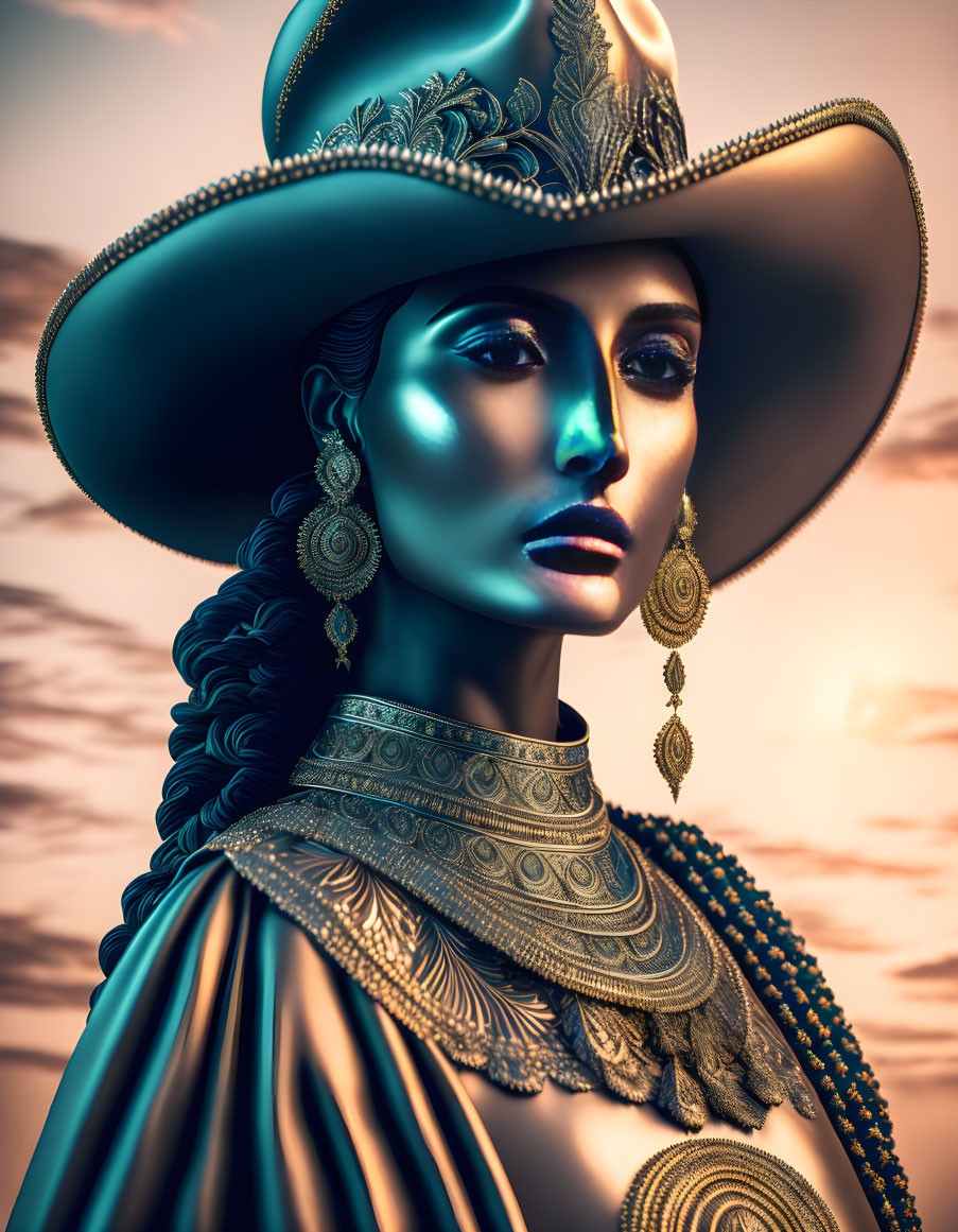 Metallic-skinned woman in golden hat against sunset sky