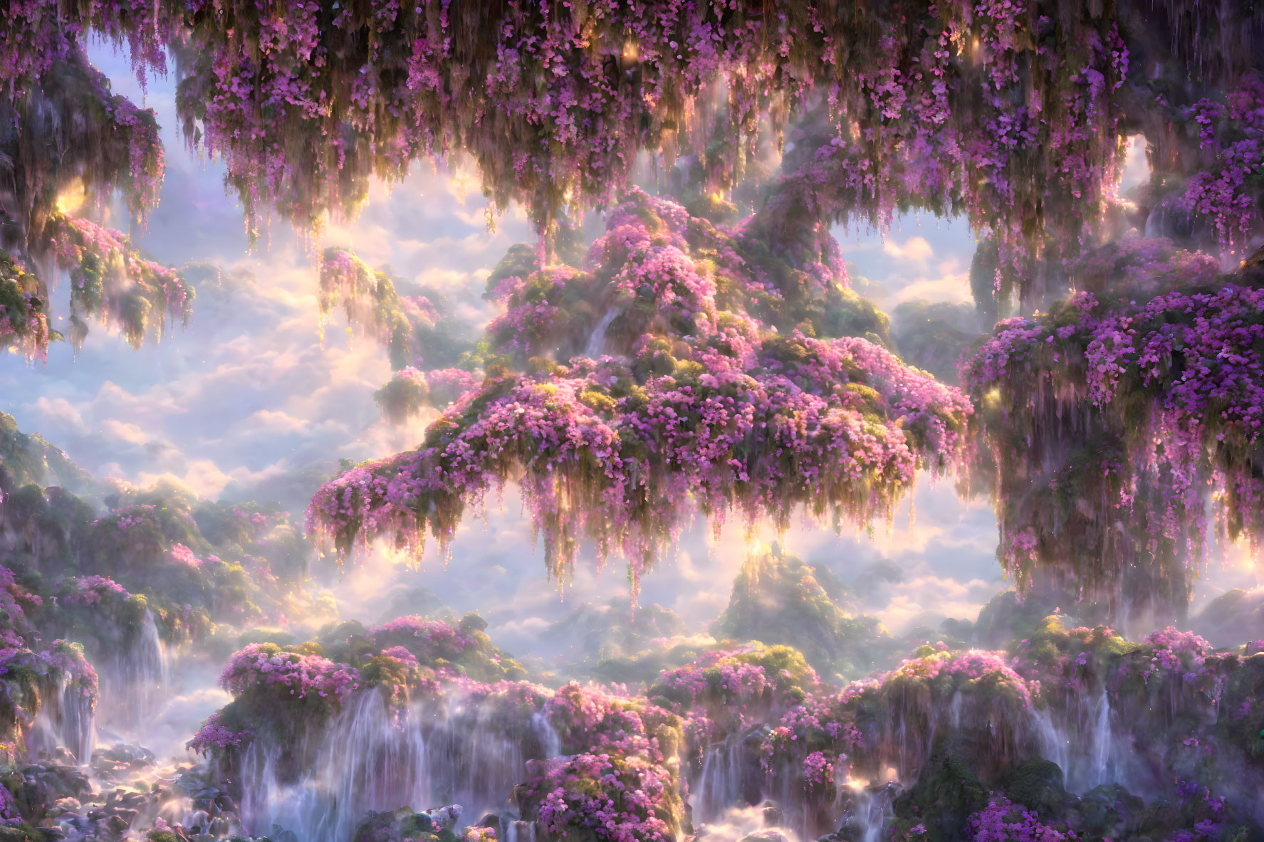 Mystical landscape with pink flowering trees, cliffs, waterfalls, and mist