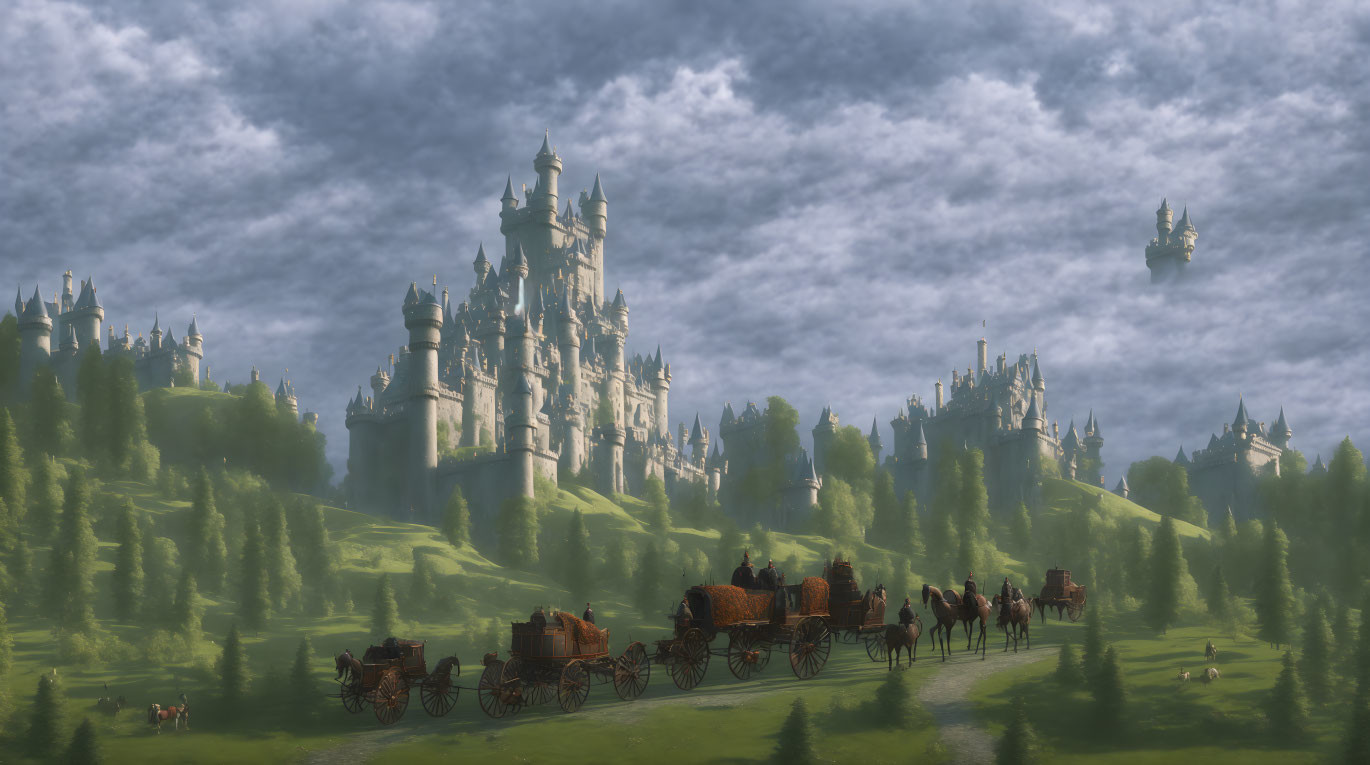 Majestic castle on hill with horse-drawn carriages and floating towers in lush greenery