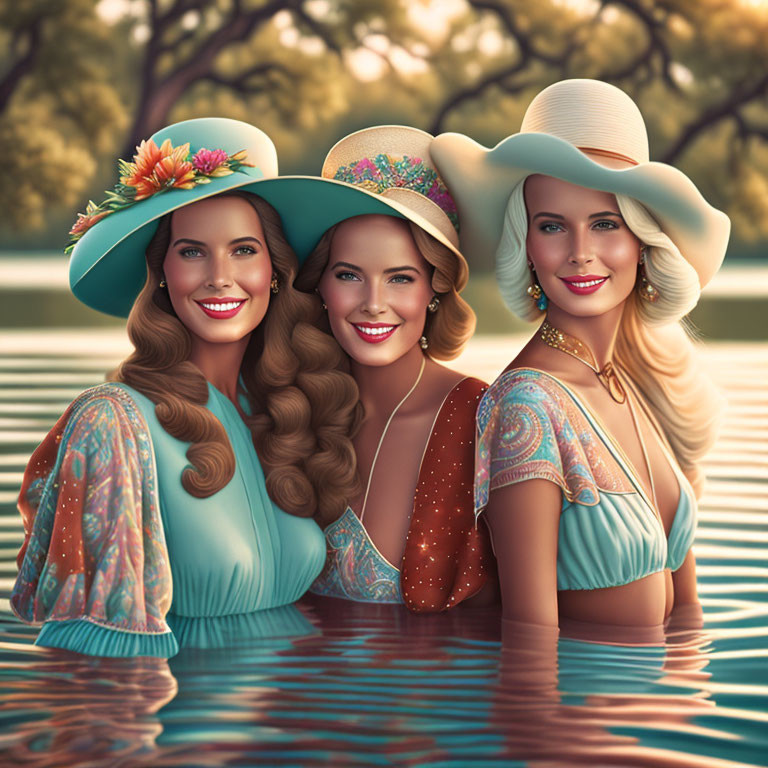 Three women in elegant hats and retro clothing standing in water