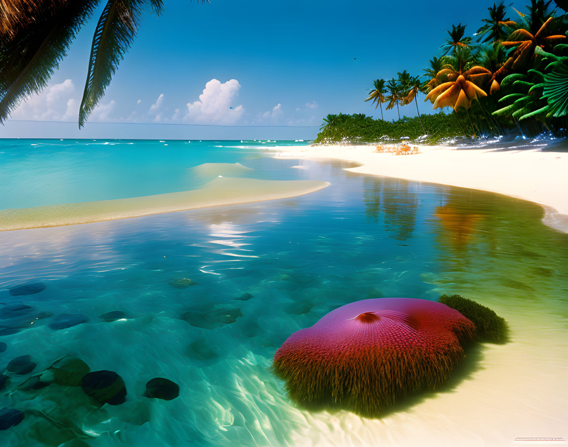 Tropical Beach Scene with Palm Trees and Red Sea Star