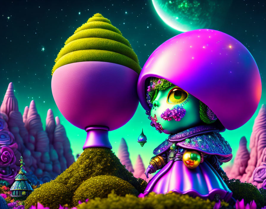 Colorful whimsical digital art of character with mushroom hat in vibrant alien landscape