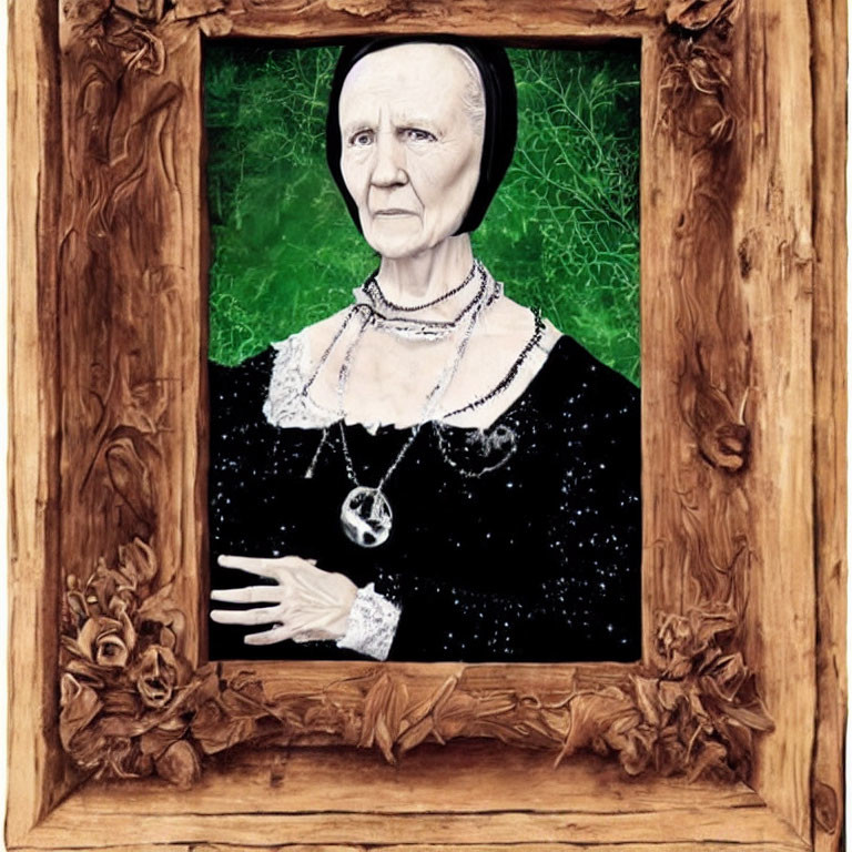 Elderly woman portrait in black dress with lace collar, framed by wooden roses