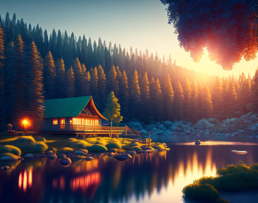 Serene Lakeside Cabin at Dusk Among Pine Trees