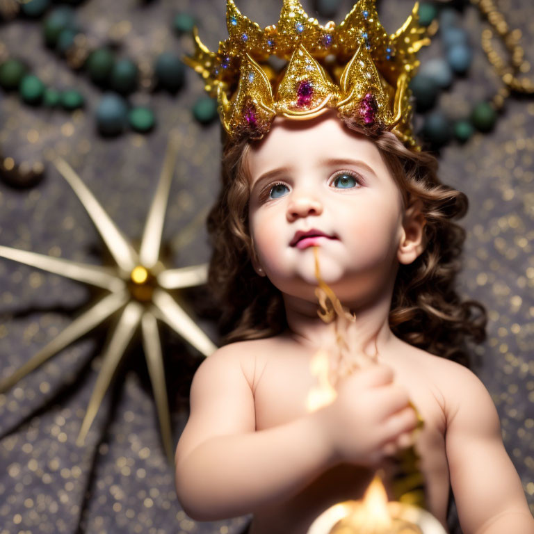 Curly-Haired Toddler in Golden Crown with Wand and Festive Decorations