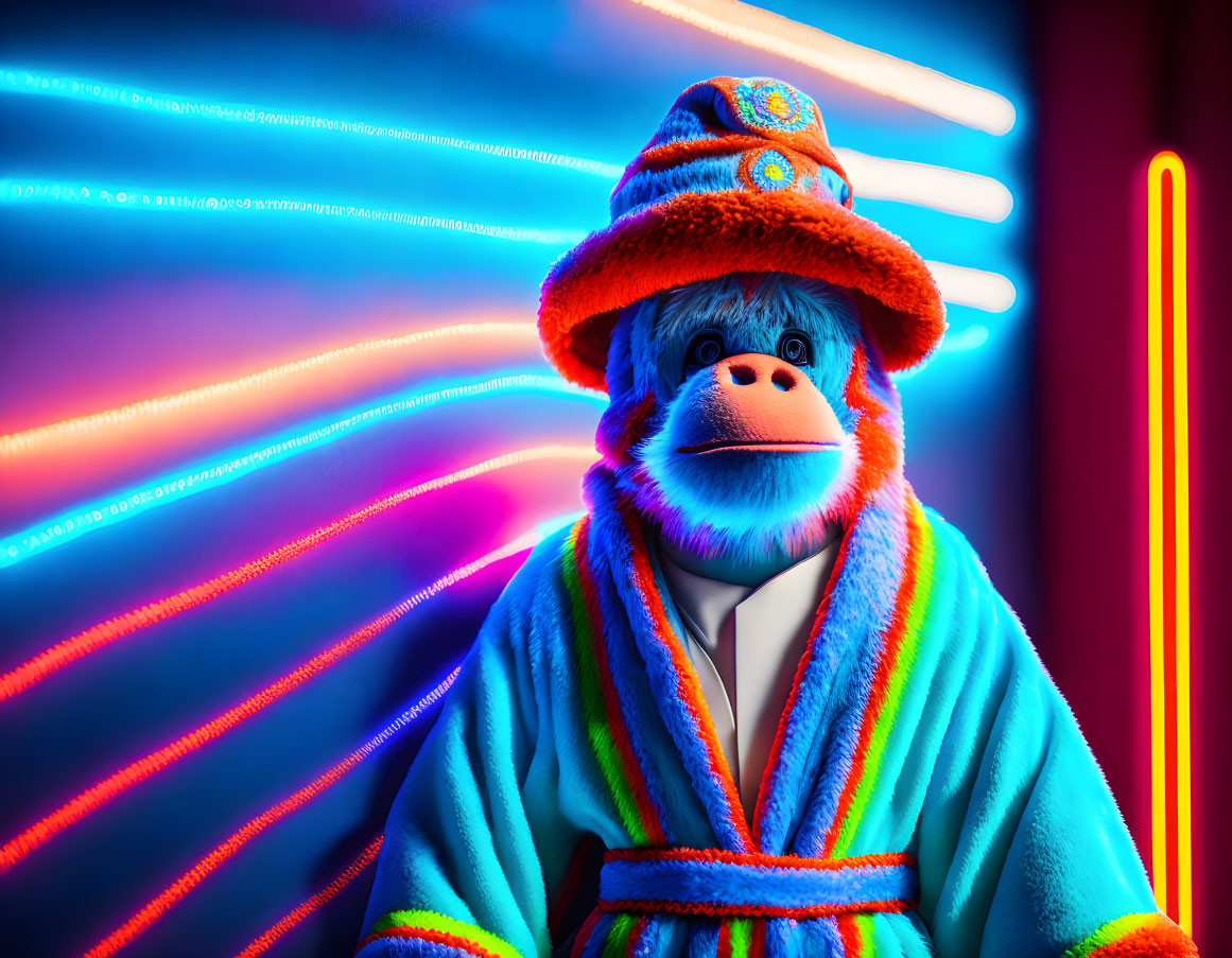 Colorful Character with Blue Fur in Vibrant Hat and Robe on Neon Background