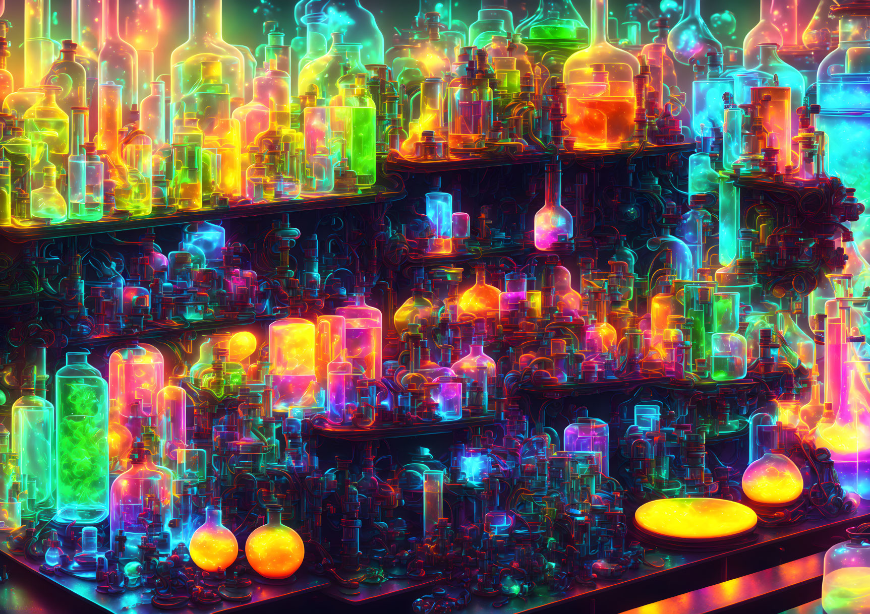 Colorful Neon-Lit Laboratory with Glowing Potions and Mystical Fumes