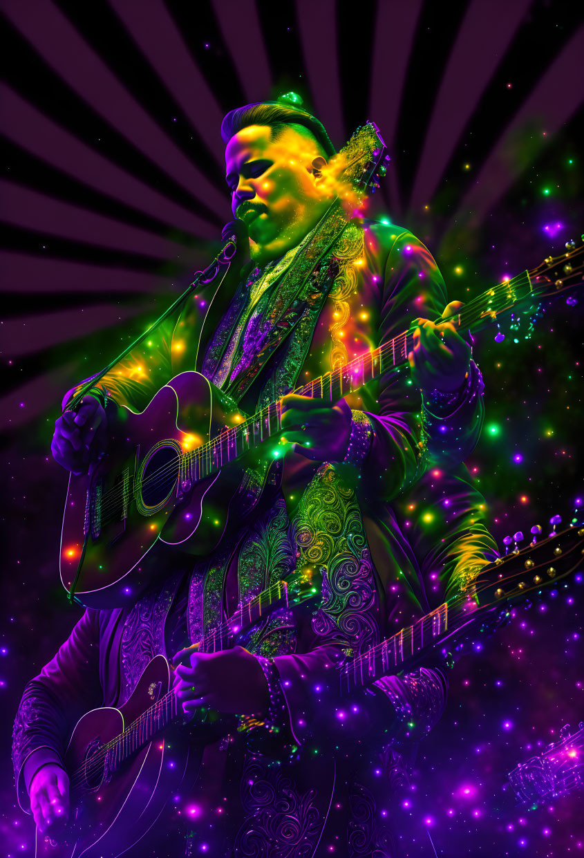 Colorful illustration: Musician with acoustic guitar in neon lights.