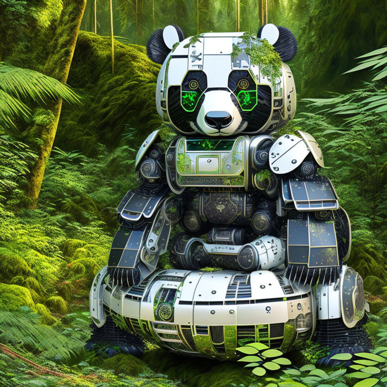 Digital Art: Panda-Shaped Robot in Lush Green Foliage