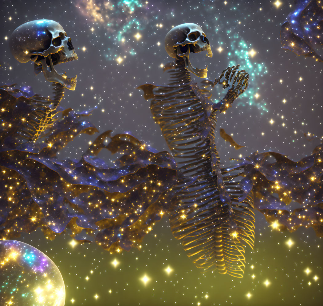 Glowing skeletons in cosmic scene with stars, DNA, and planet