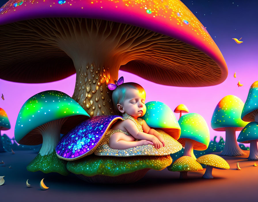 Child Sleeping on Glowing Mushroom in Magical Forest