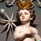 Curly-Haired Toddler in Golden Crown with Wand and Festive Decorations