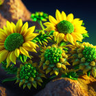 Bright yellow sunflowers with large green centers in rich soil.