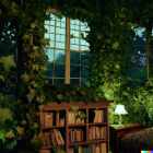 Dimly-lit Ivy-Covered Library with Bookshelves and Lamp