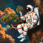 Colorful Astronauts on Cosmic Tree with Nebula & Planets