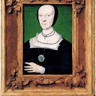 Elderly woman portrait in black dress with lace collar, framed by wooden roses