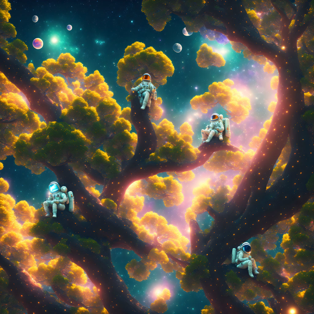 Colorful Astronauts on Cosmic Tree with Nebula & Planets