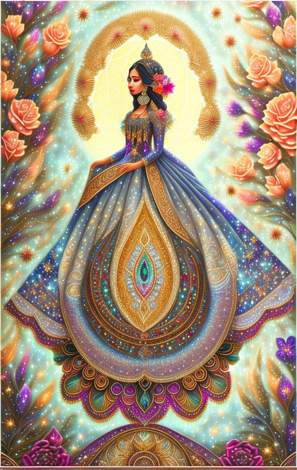 Vibrant woman in peacock gown with roses and geometric patterns on luminescent backdrop