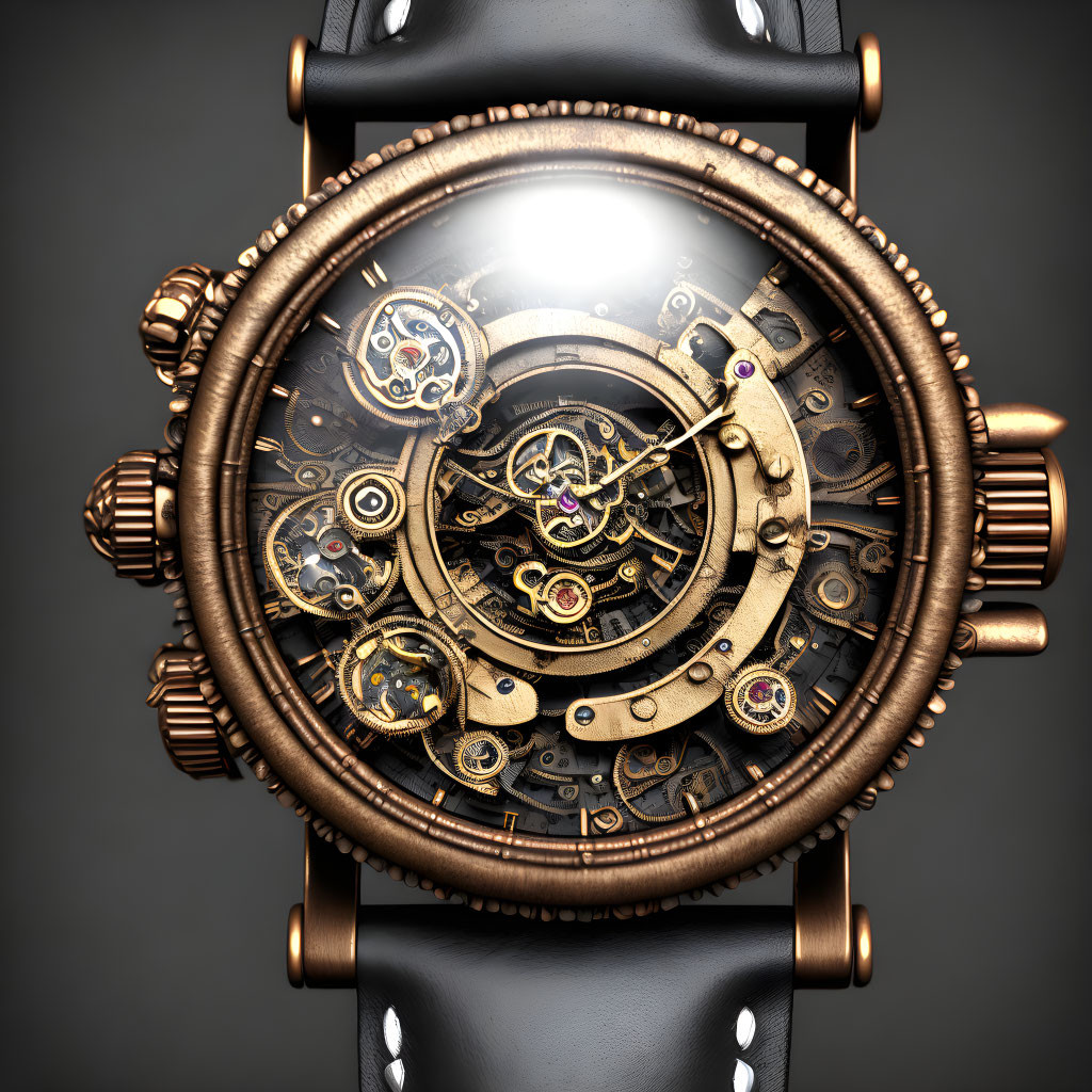 Detailed Steampunk Wristwatch with Visible Gears and Bronze Finish