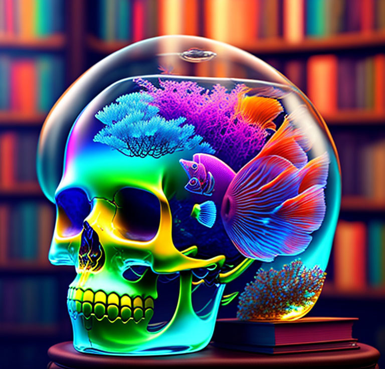 Colorful Skull Fish Bowl Illustration with Coral and Fish in Library Setting