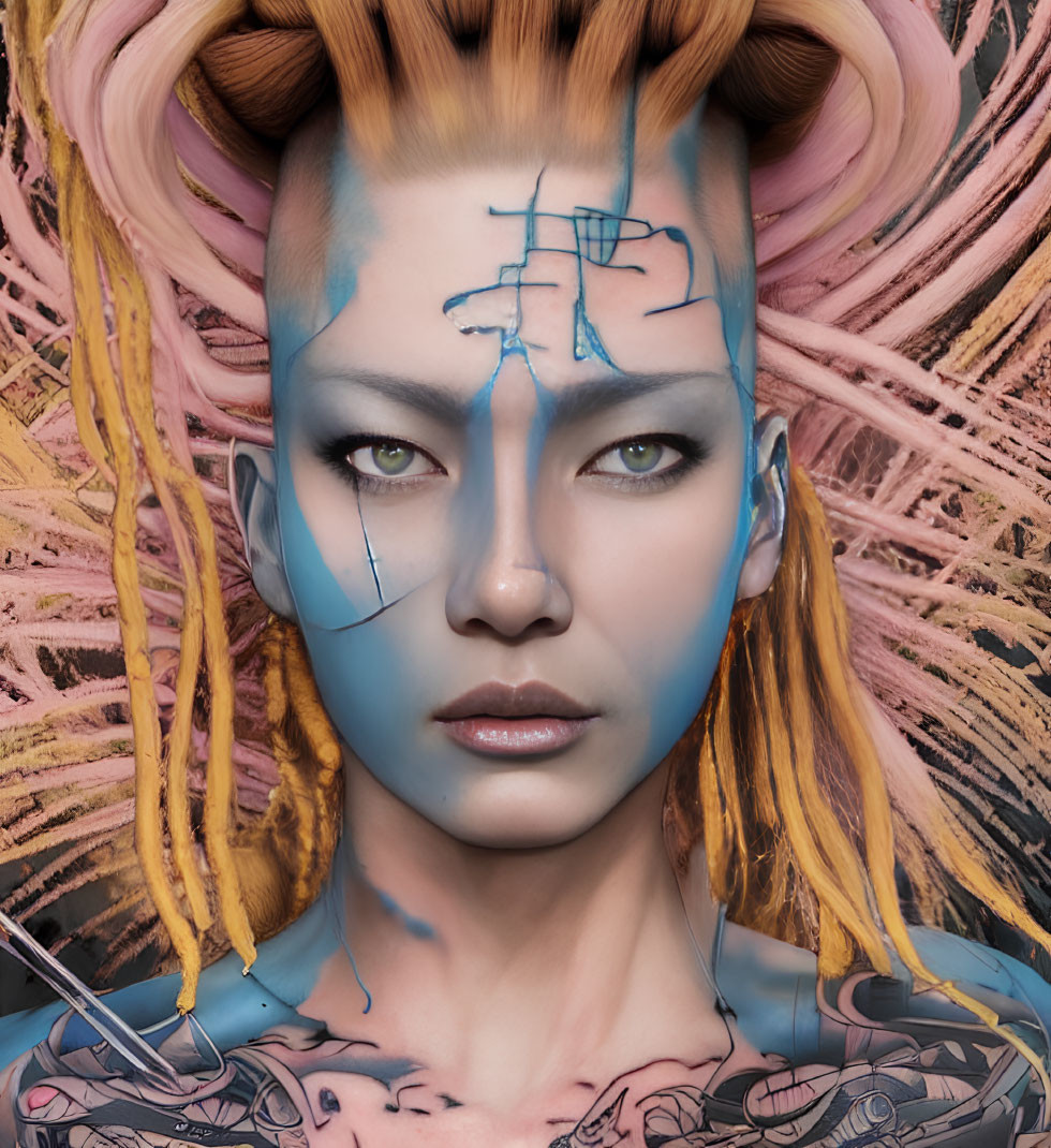 Blue-skinned person with tattoos, intense gaze, blond and pink hair, and stylized makeup.