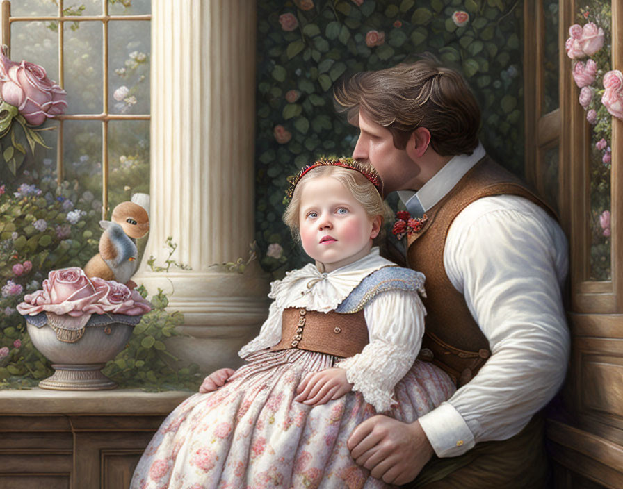 Victorian-era man with young girl by rose-covered column and squirrel.