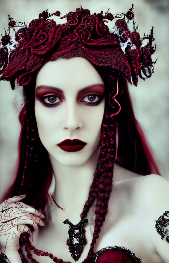 Pale-skinned person in dark makeup with burgundy headpiece and intricate designs on forearm and neck gaz