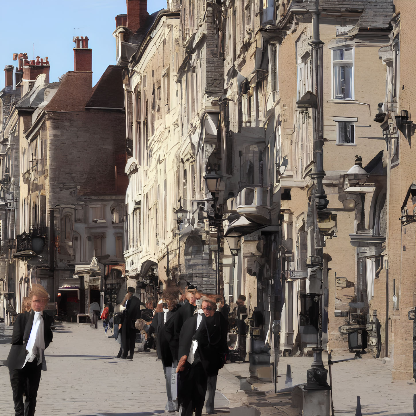 Formally Dressed Group Walking on Cobblestone Street with European Architecture