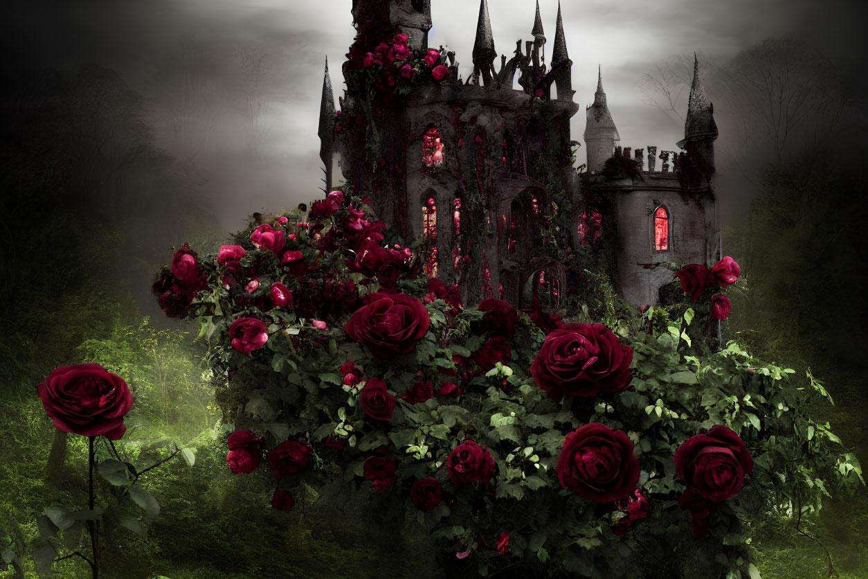 Gothic castle in mist with red roses and eerie windows