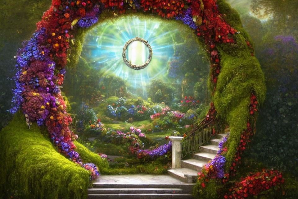 Enchanting garden with flower archway and mystical floating mirror