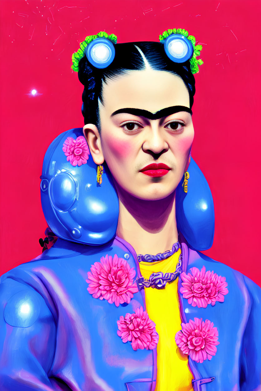 Colorful portrait of woman with unibrow and floral hair, blue jacket, yellow necklace on pink