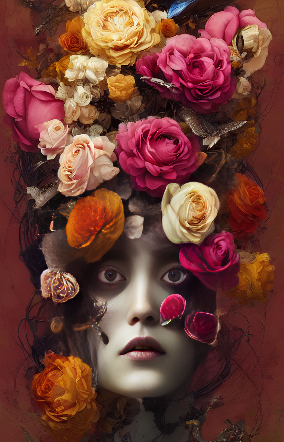 Vibrant floral textures in surreal woman portrait