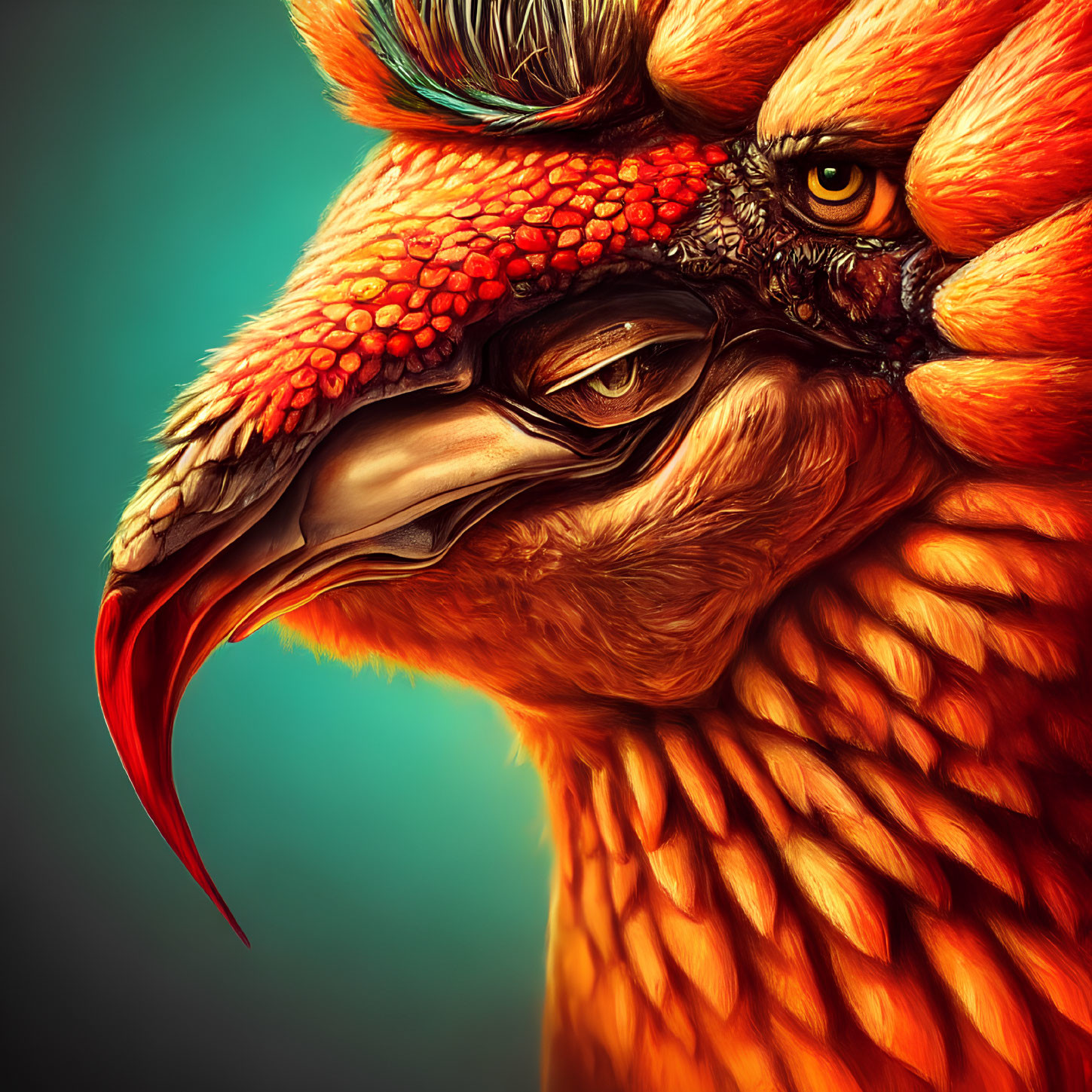 Detailed digital artwork of vibrant eagle with orange feathers & green eye