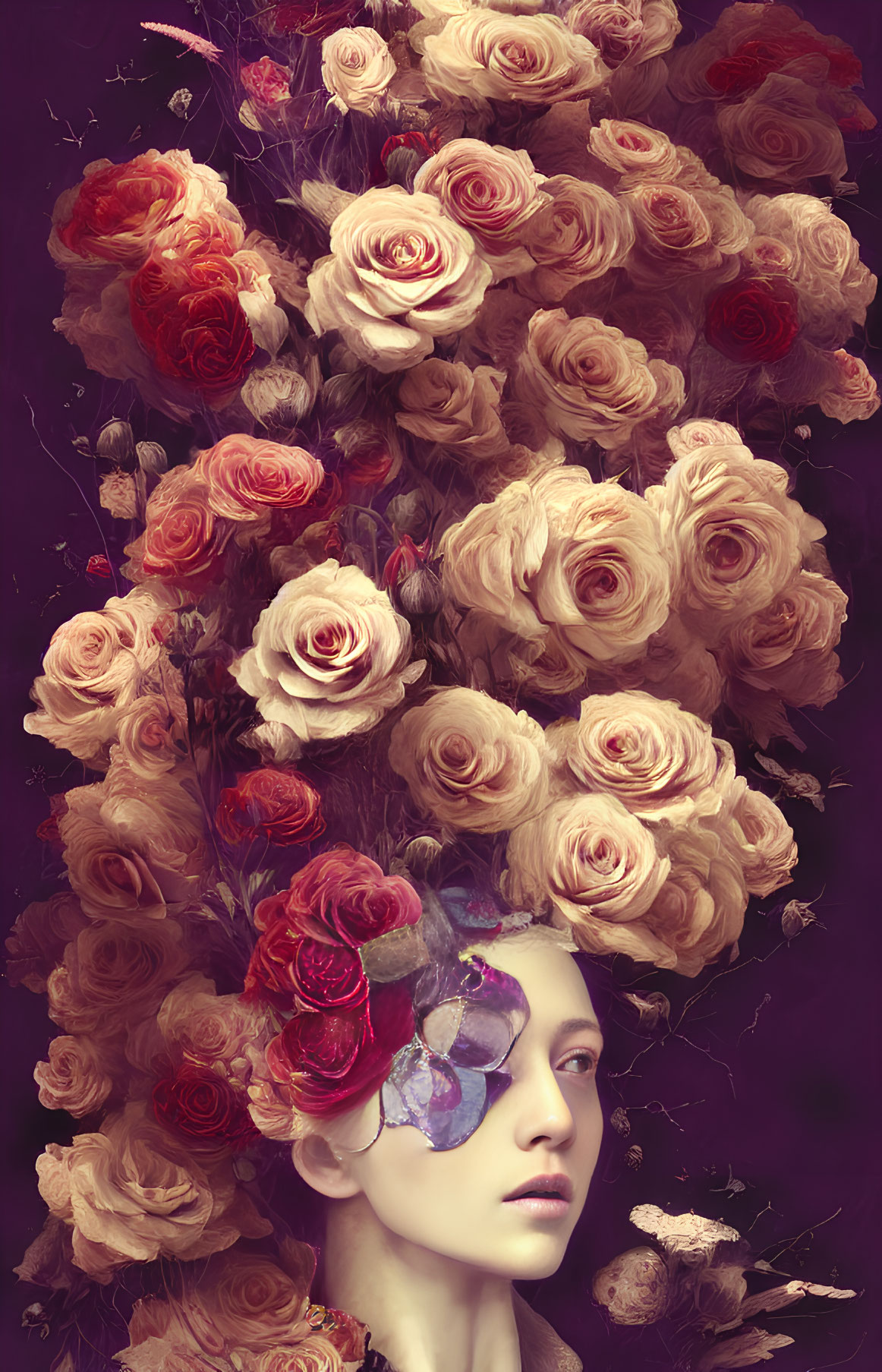 Surreal portrait of person with floral head and blooming roses on dark background