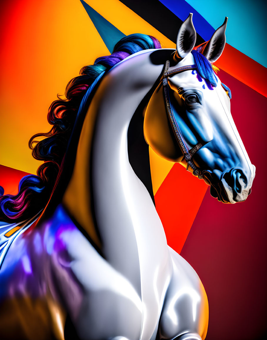 Colorful digital artwork: Horse with stylized mane on geometric background