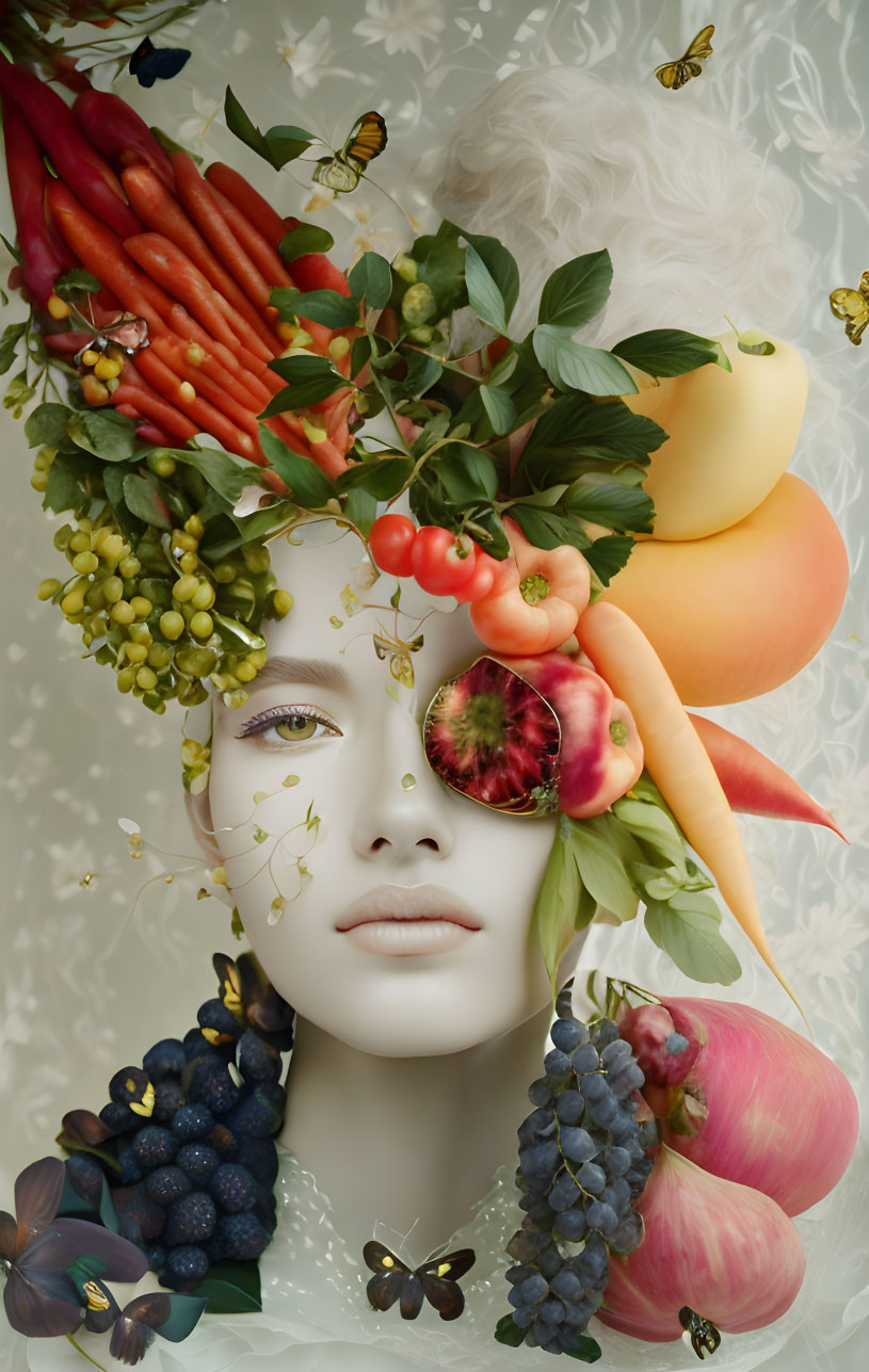 Person with Fruits, Vegetables, Flowers, and Butterflies Portrait