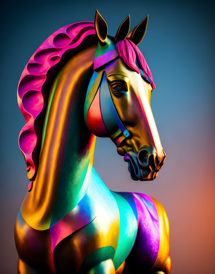 Colorful Horse Sculpture with Gradient Hues & Pink Mane