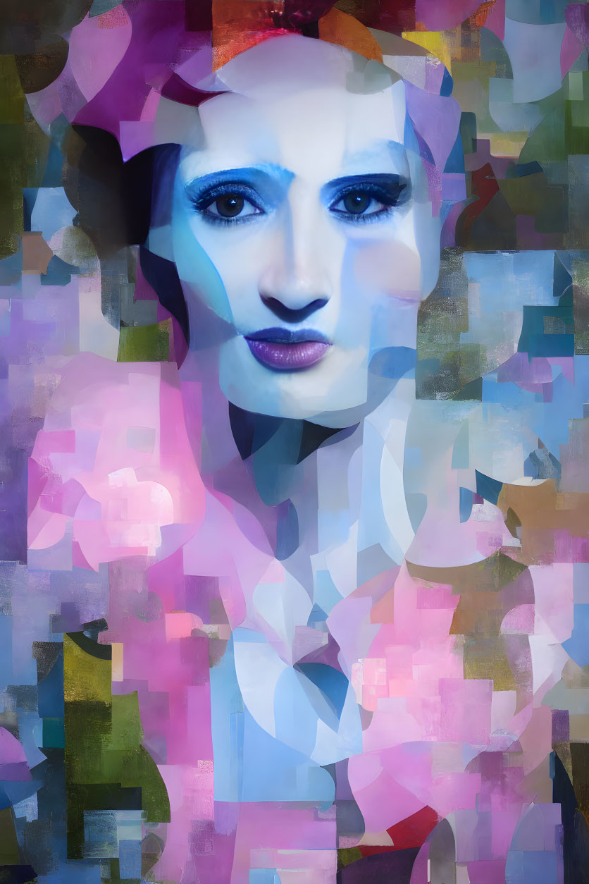 Abstract digital portrait: Female face in blue and white with pink and purple geometric patterns